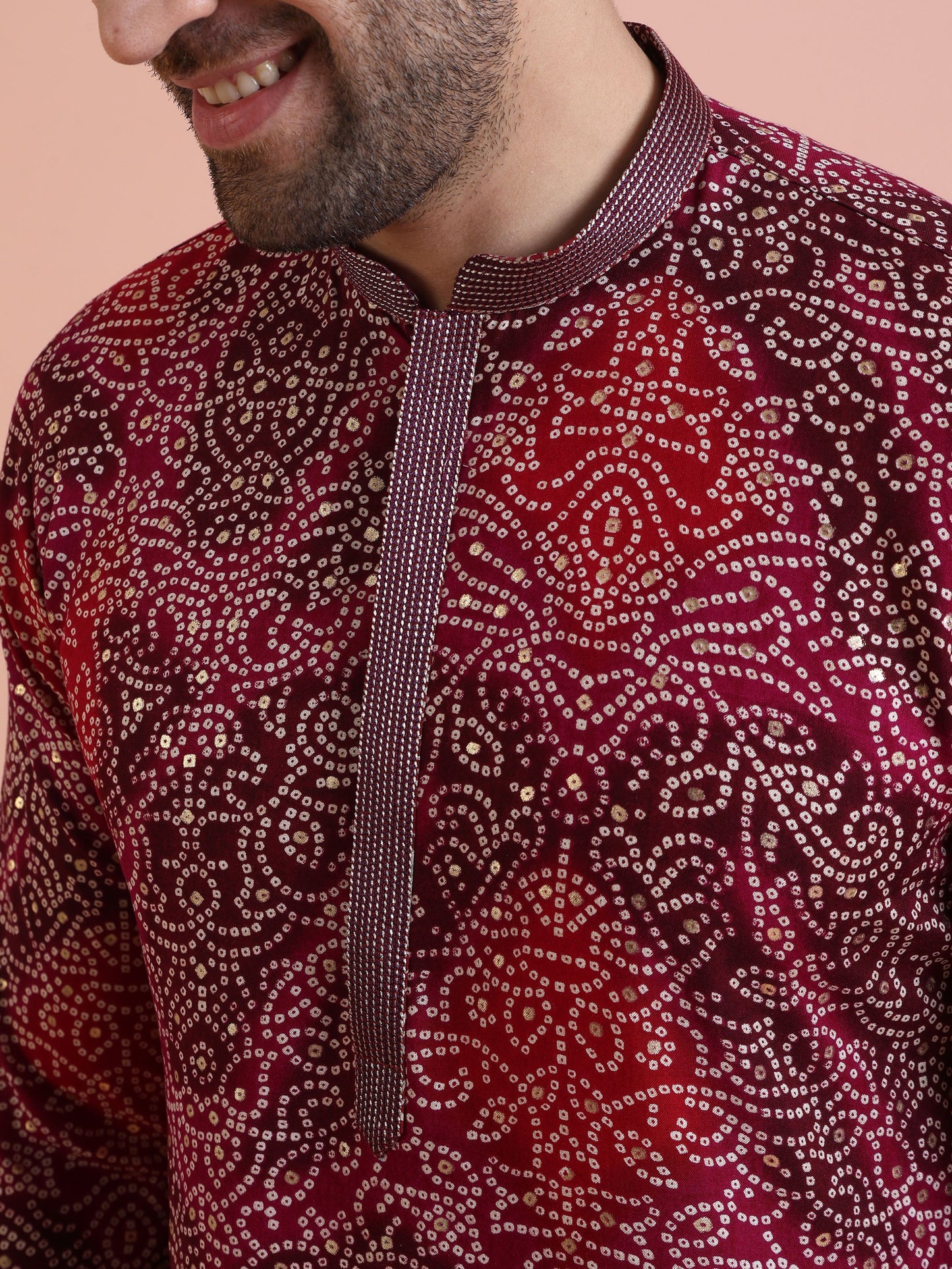 Men Magenta Printed Kurta with Bandhni