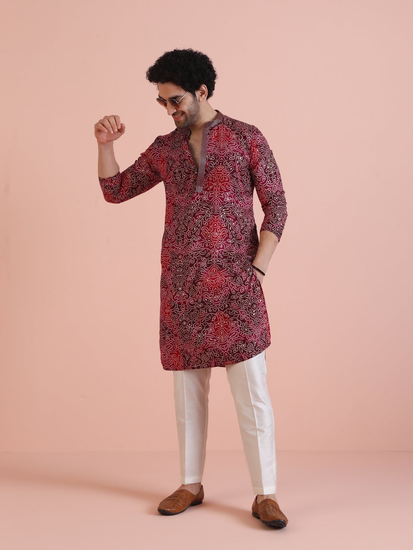 Men Magenta Printed Kurta Trouser Set with Bandhni