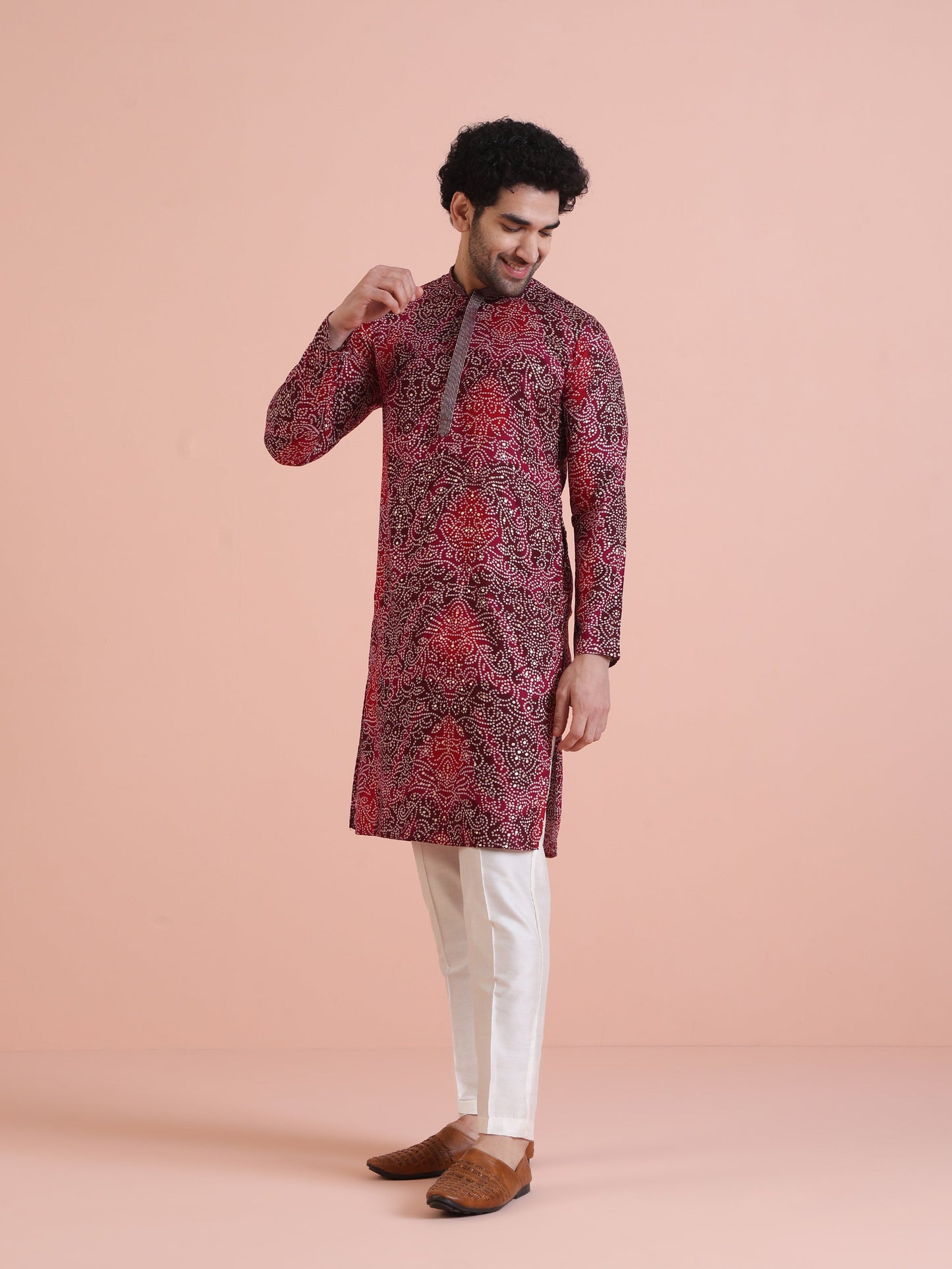 Men Magenta Printed Kurta Trouser Set with Bandhni