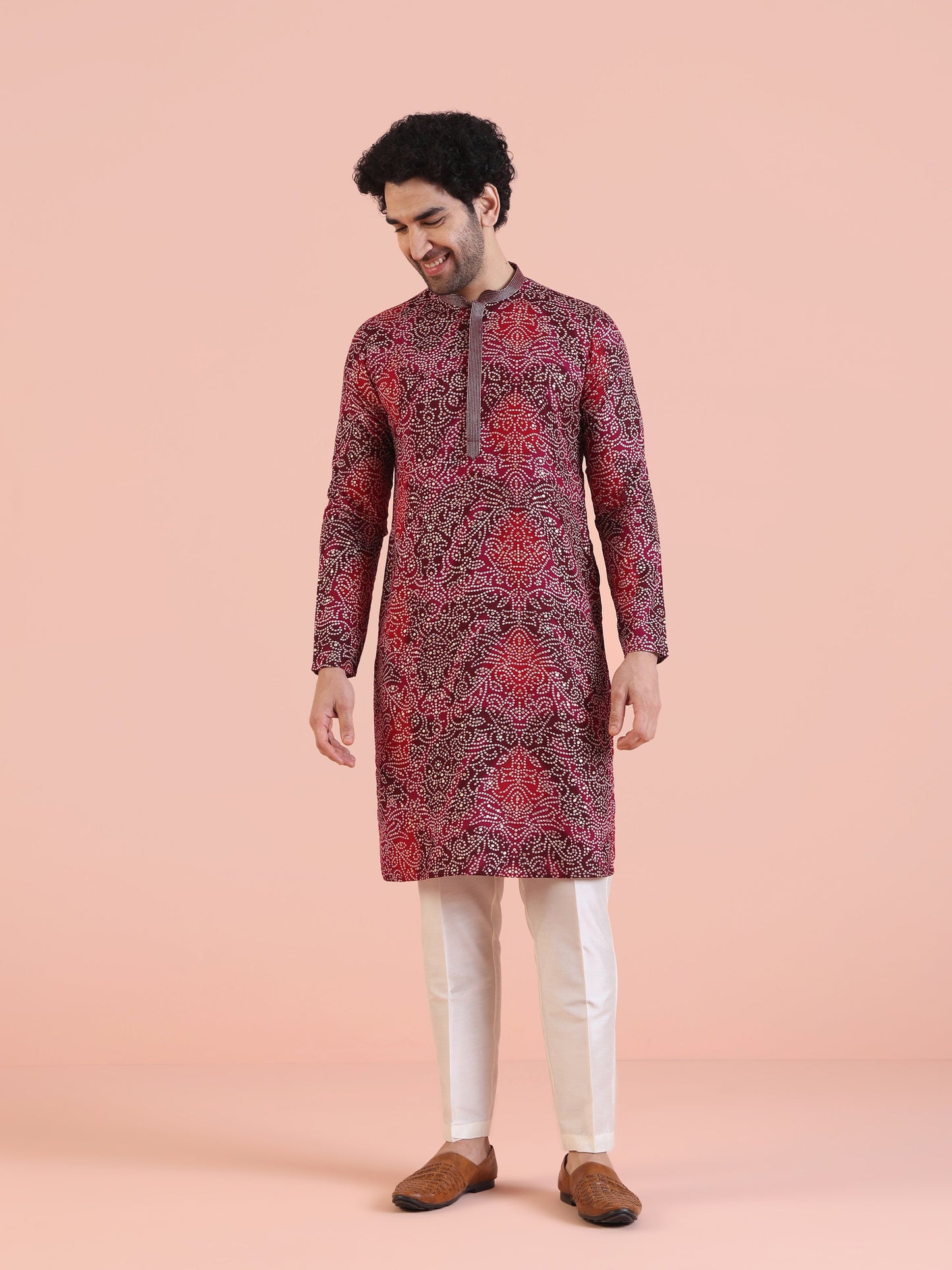 Men Magenta Printed Kurta Trouser Set with Bandhni