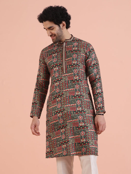 Men Green Printed Kurta with Geometric