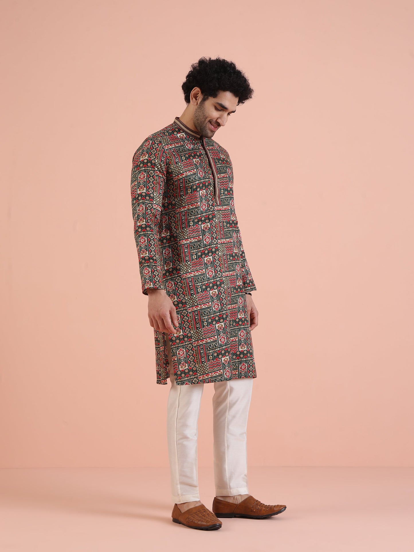 Men Green Printed Kurta Trouser Set with Geometric