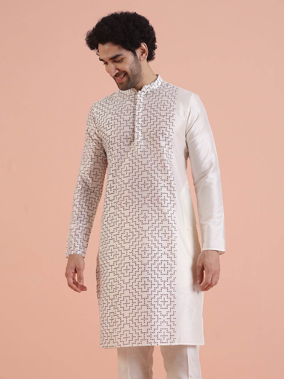 Men Off White Printed Kurta with Geometric