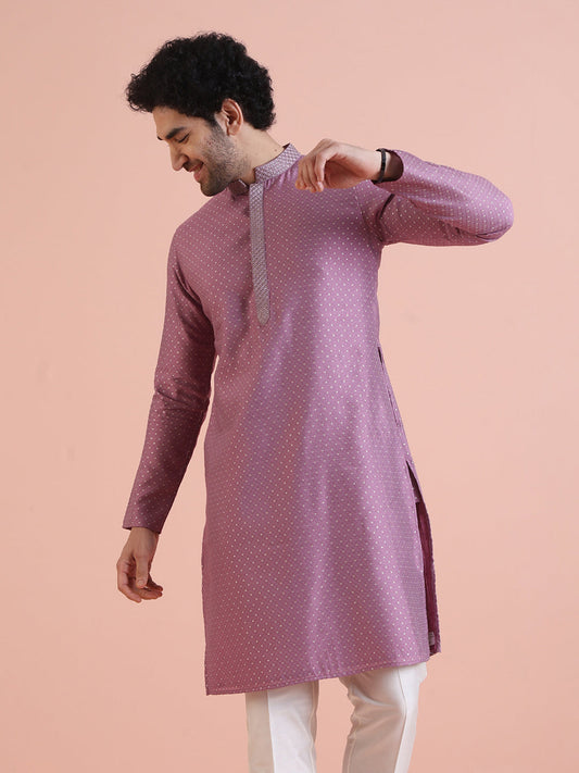 Men Mauve Jacquard Kurta with Thread Work