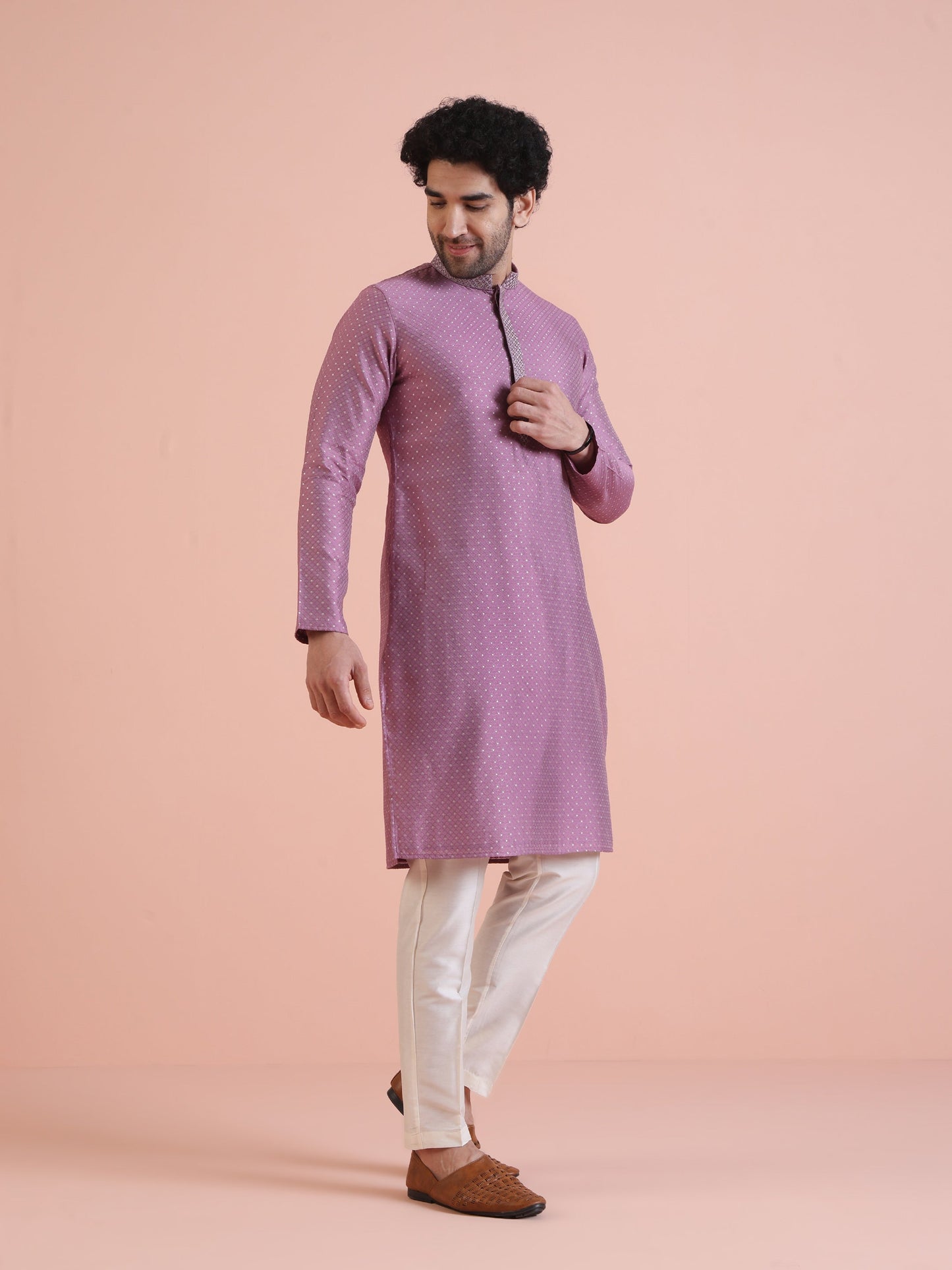 Men Mauve Jacquard Kurta with Thread Work