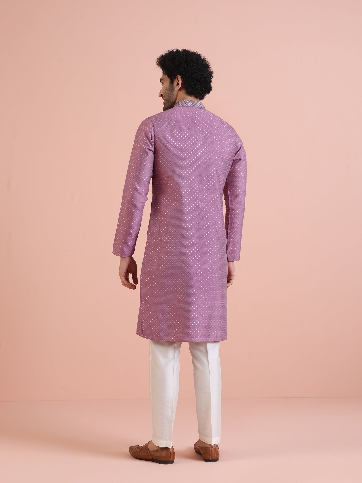 Men Mauve Jacquard Kurta with Thread Work