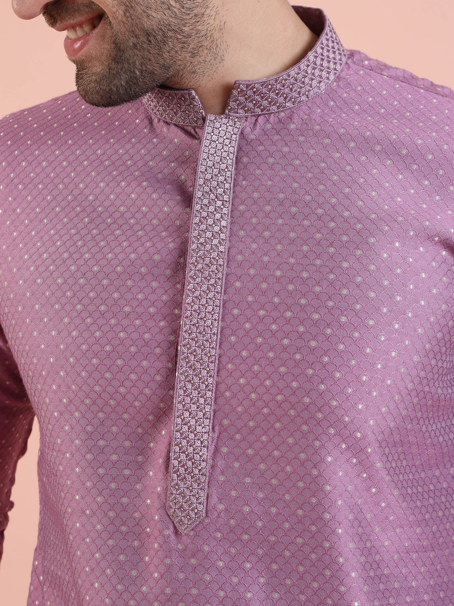 Men Mauve Jacquard Kurta with Thread Work