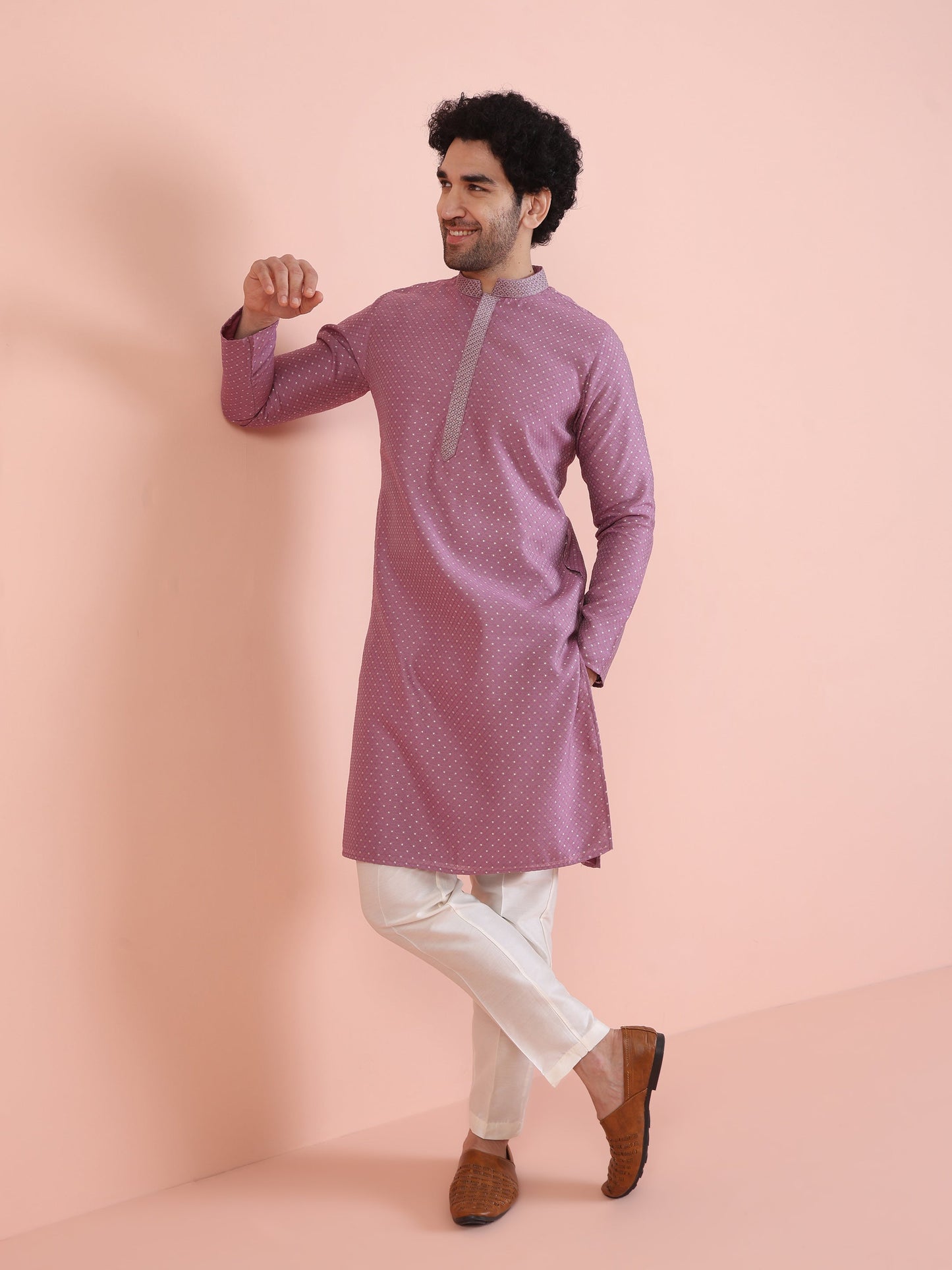 Men Mauve Jacquard Kurta Trouser Set with Thread Work