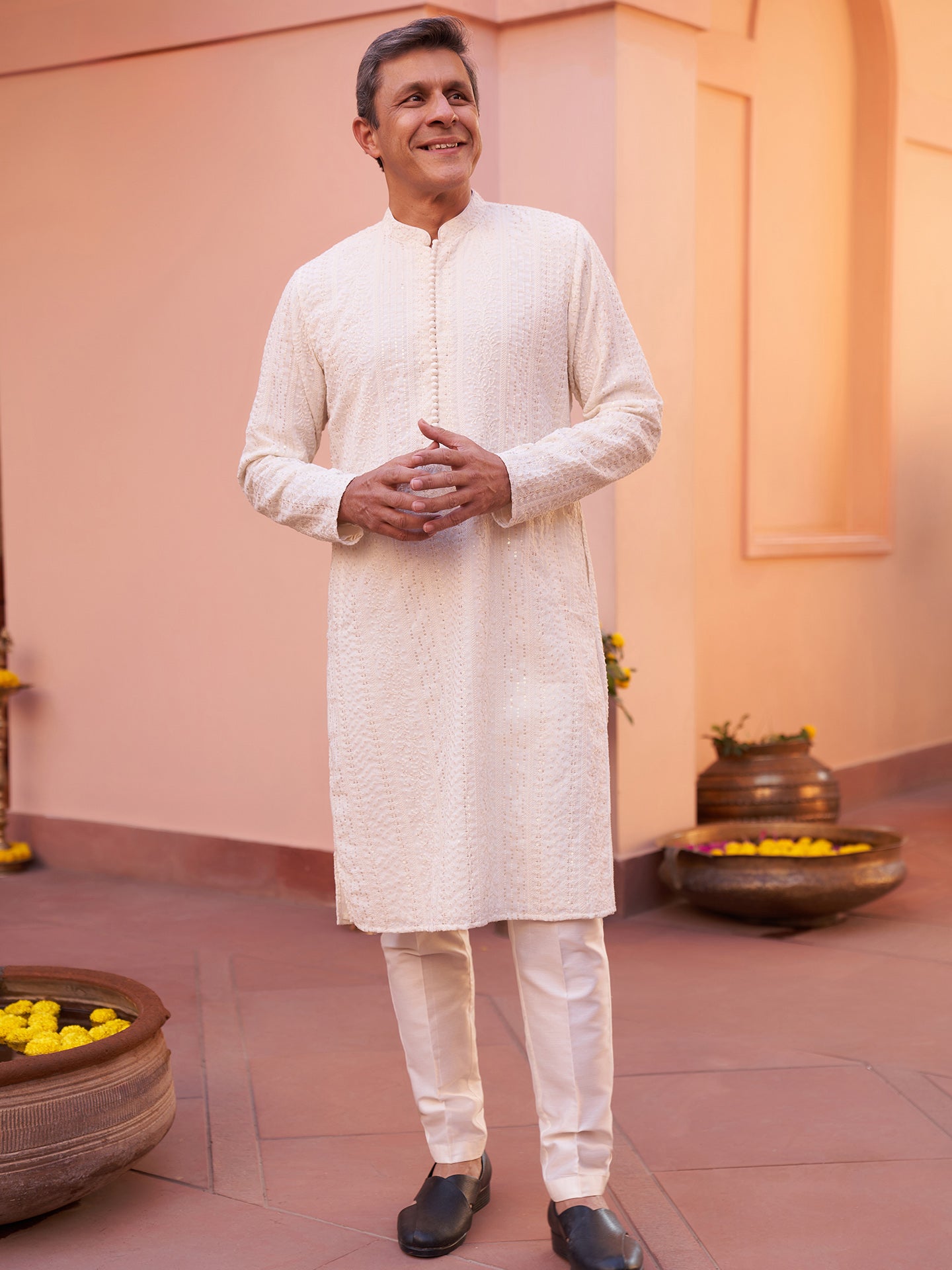 Men Off White Embroidered Kurta Trouser Set with Ethnic Motifs