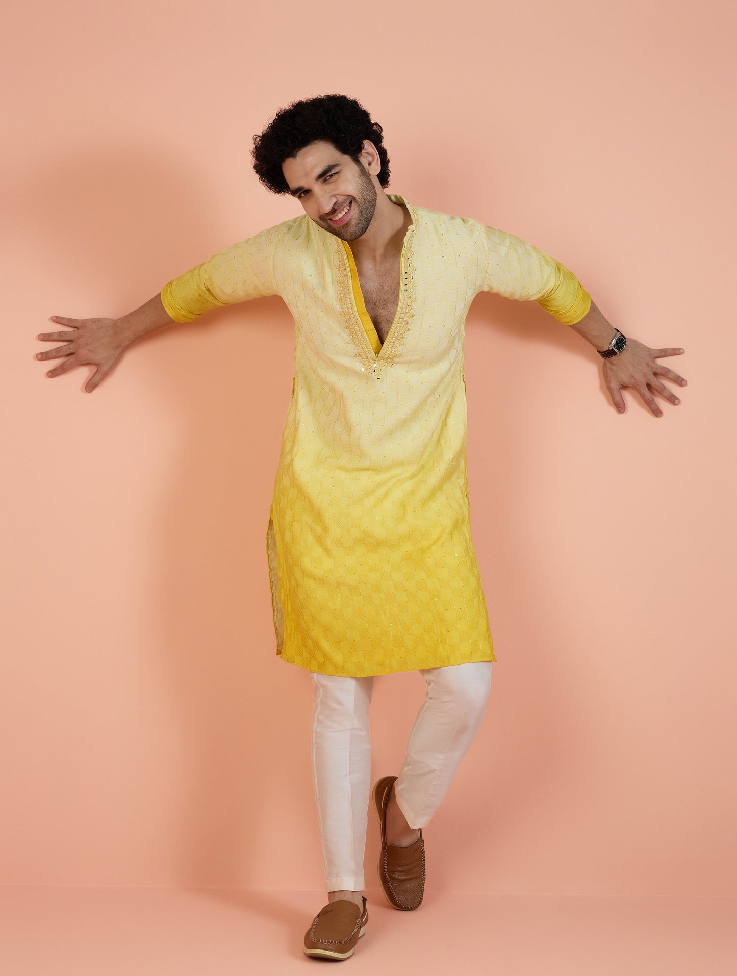 Men Yellow Embellished Kurta Trouser Set with Mirror work