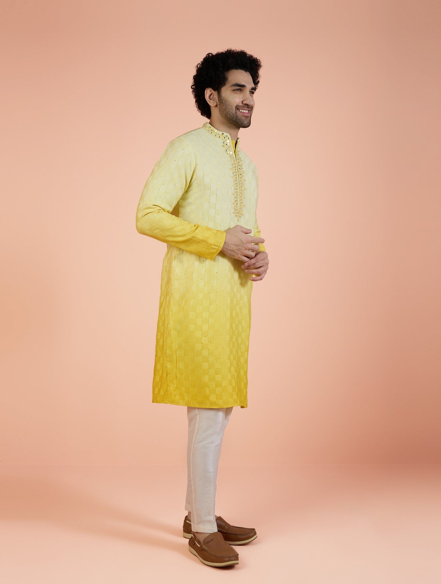 Men Yellow Embellished Kurta Trouser Set with Mirror work