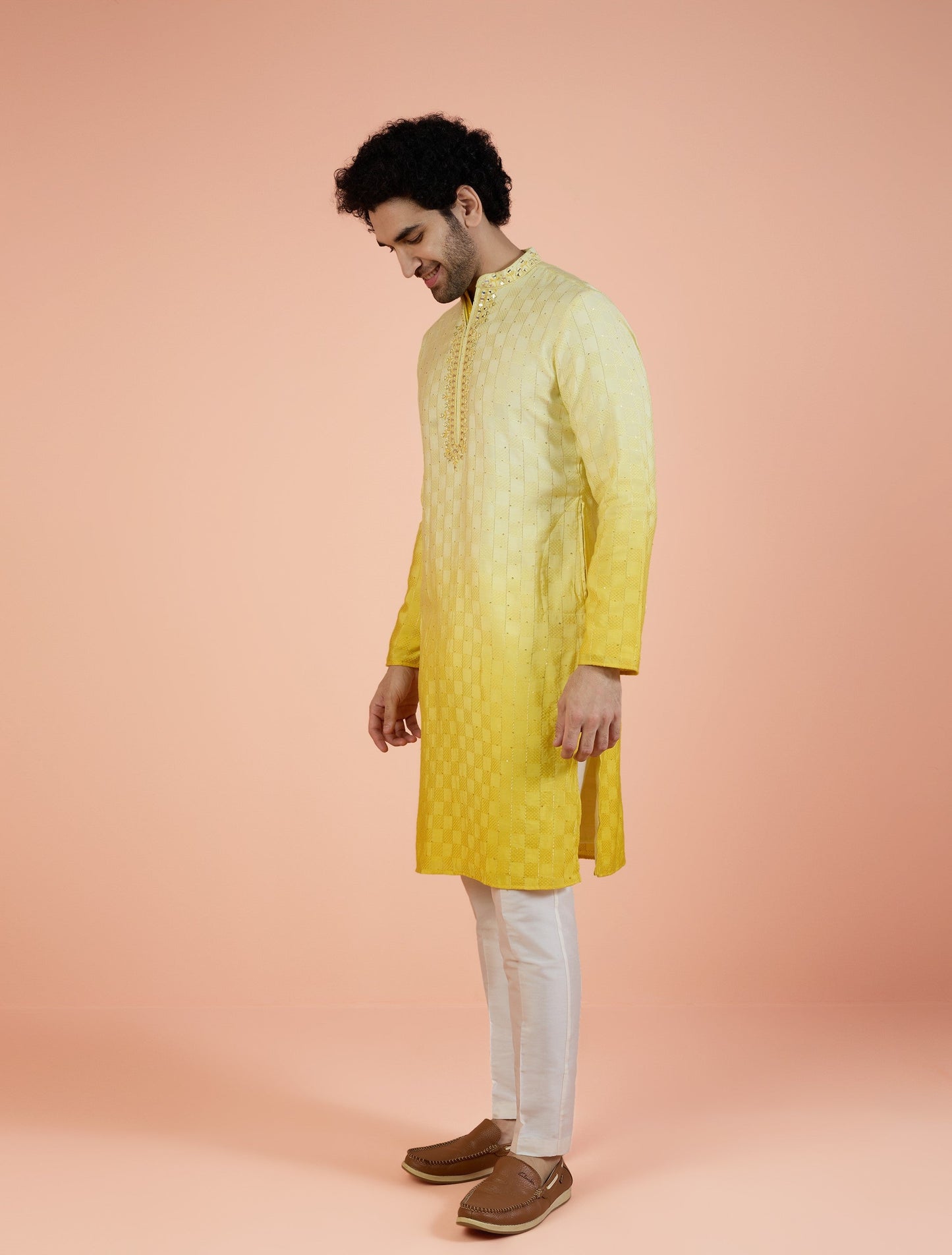 Men Yellow Embellished Kurta Trouser Set with Mirror work