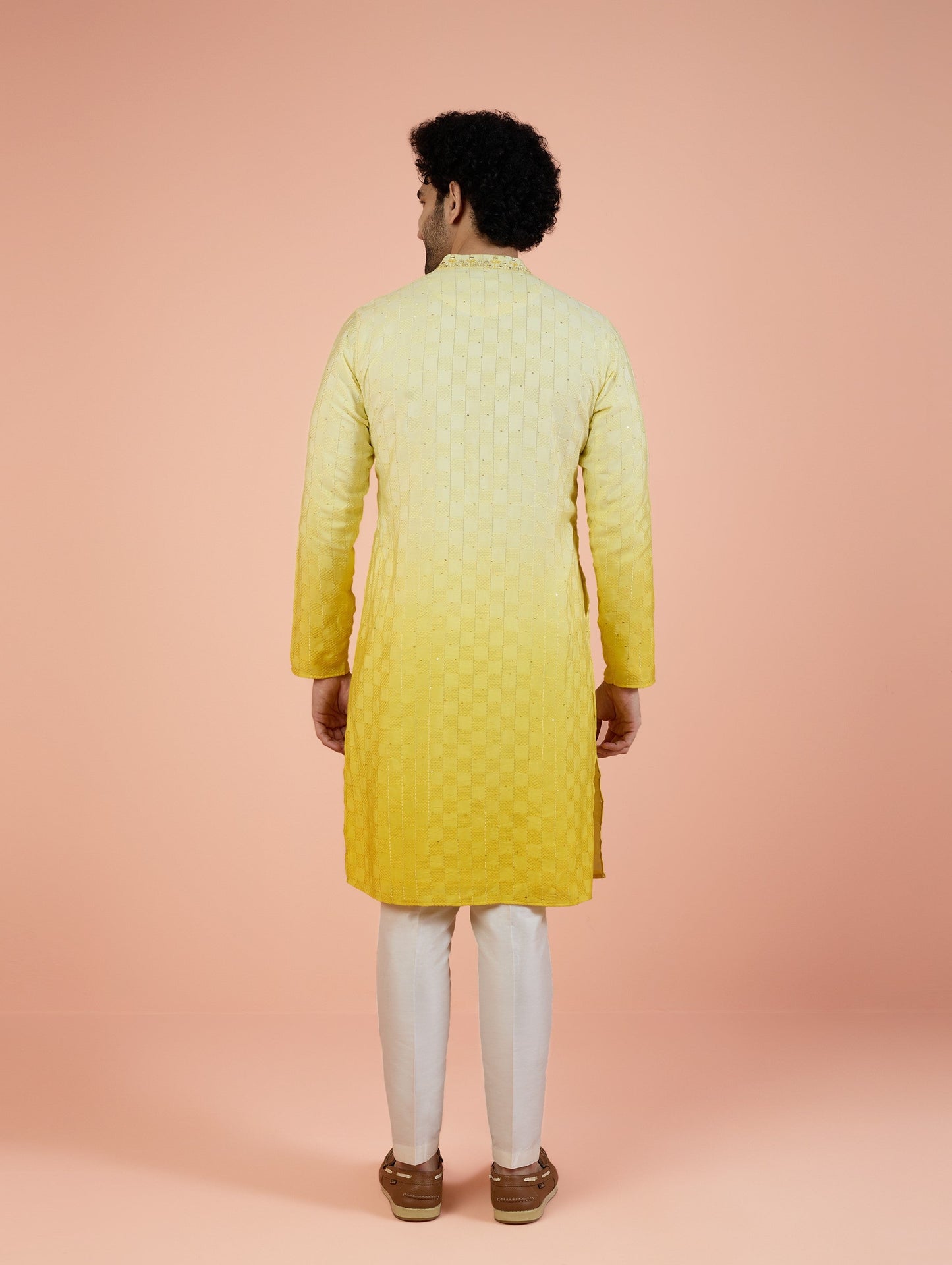 Men Yellow Embellished Kurta Trouser Set with Mirror work