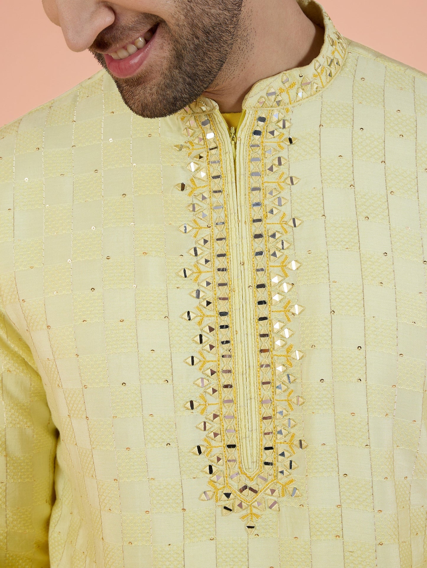 Men Yellow Embellished Kurta Trouser Set with Mirror work