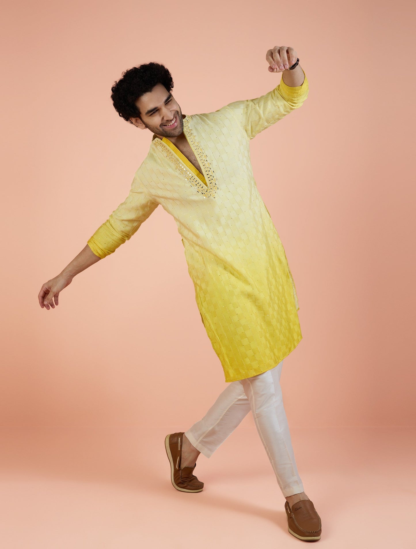 Men Yellow Embellished Kurta Trouser Set with Mirror work