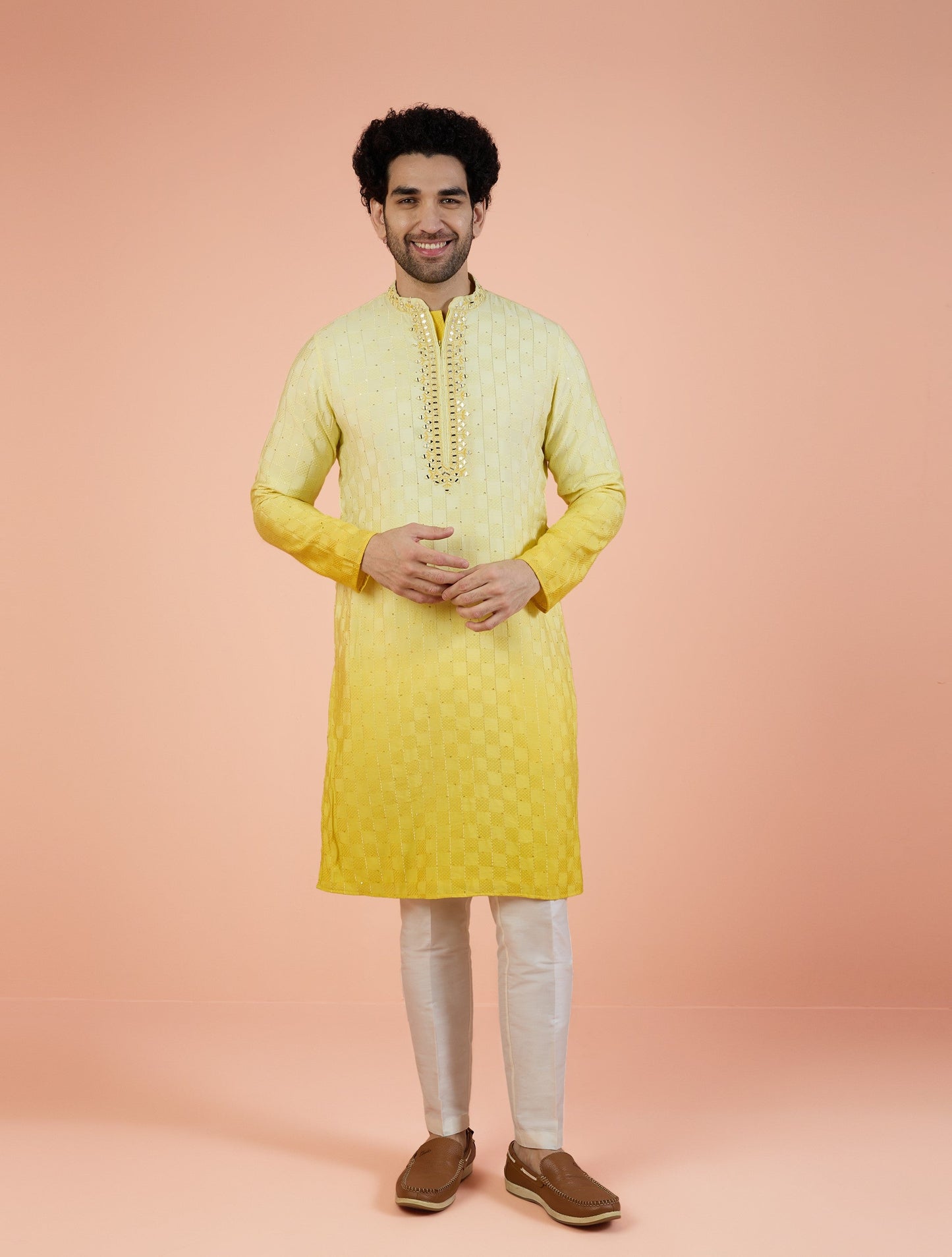 Men Yellow Embellished Kurta Trouser Set with Mirror work