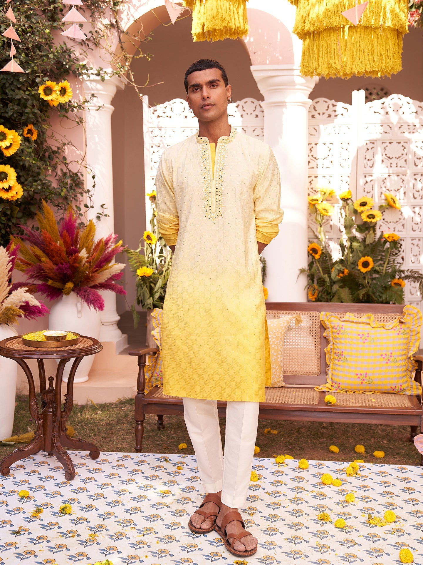 Men Yellow Embellished Kurta Trouser Set with Mirror work