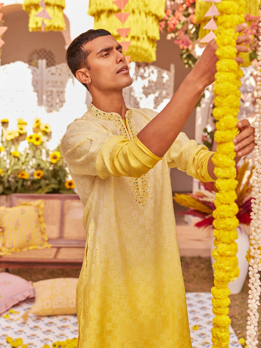 Men Yellow Embellished Kurta with Mirror work