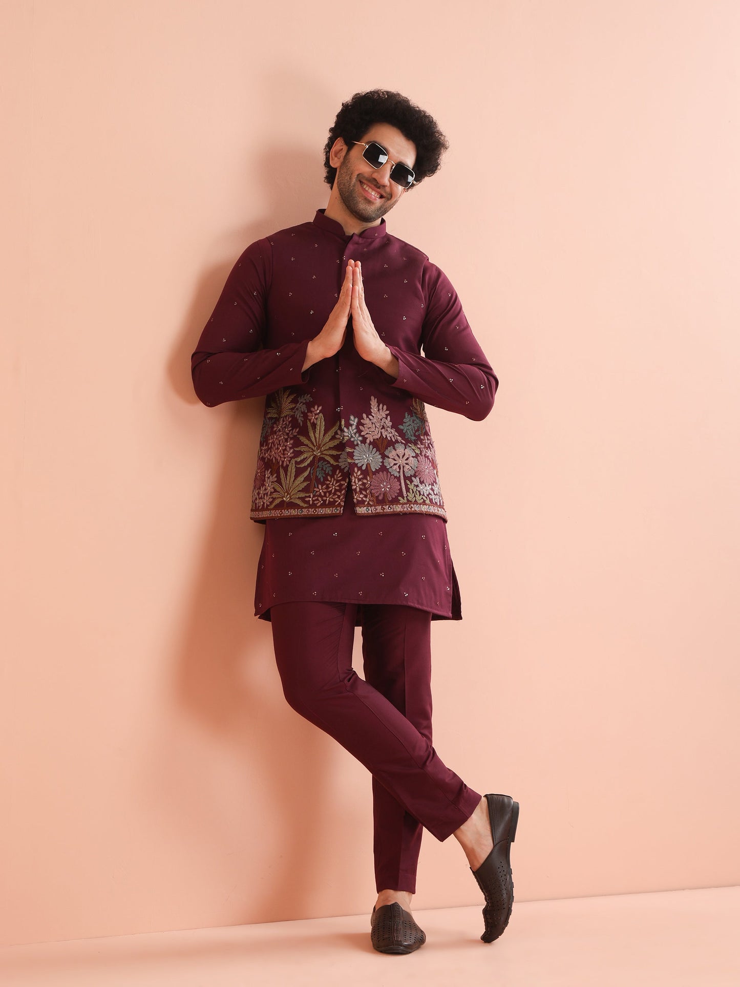 Men Wine  Embroidered Kurta Jacket Trouser Set with Floral