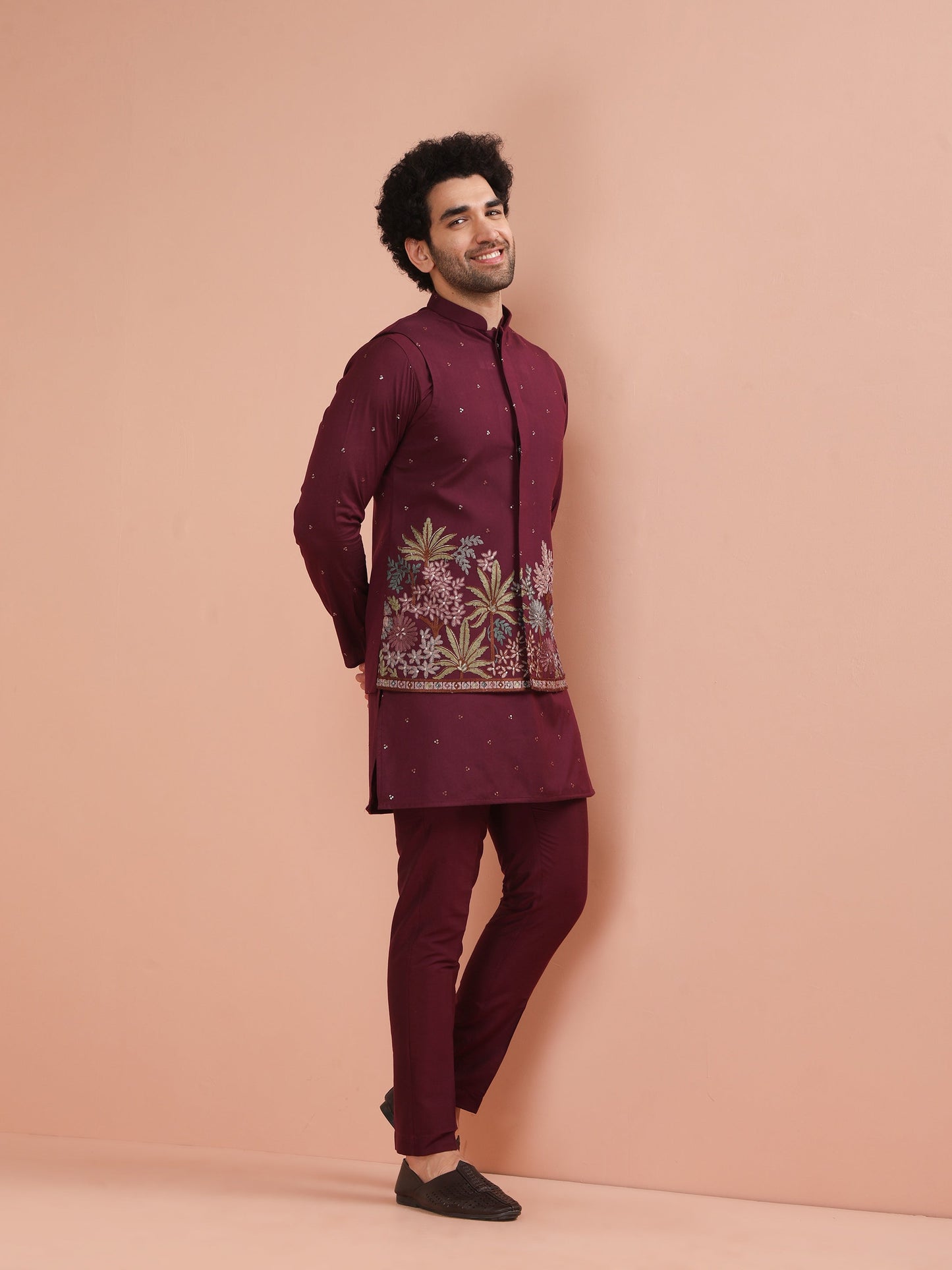 Men Wine  Embroidered Kurta Jacket Trouser Set with Floral