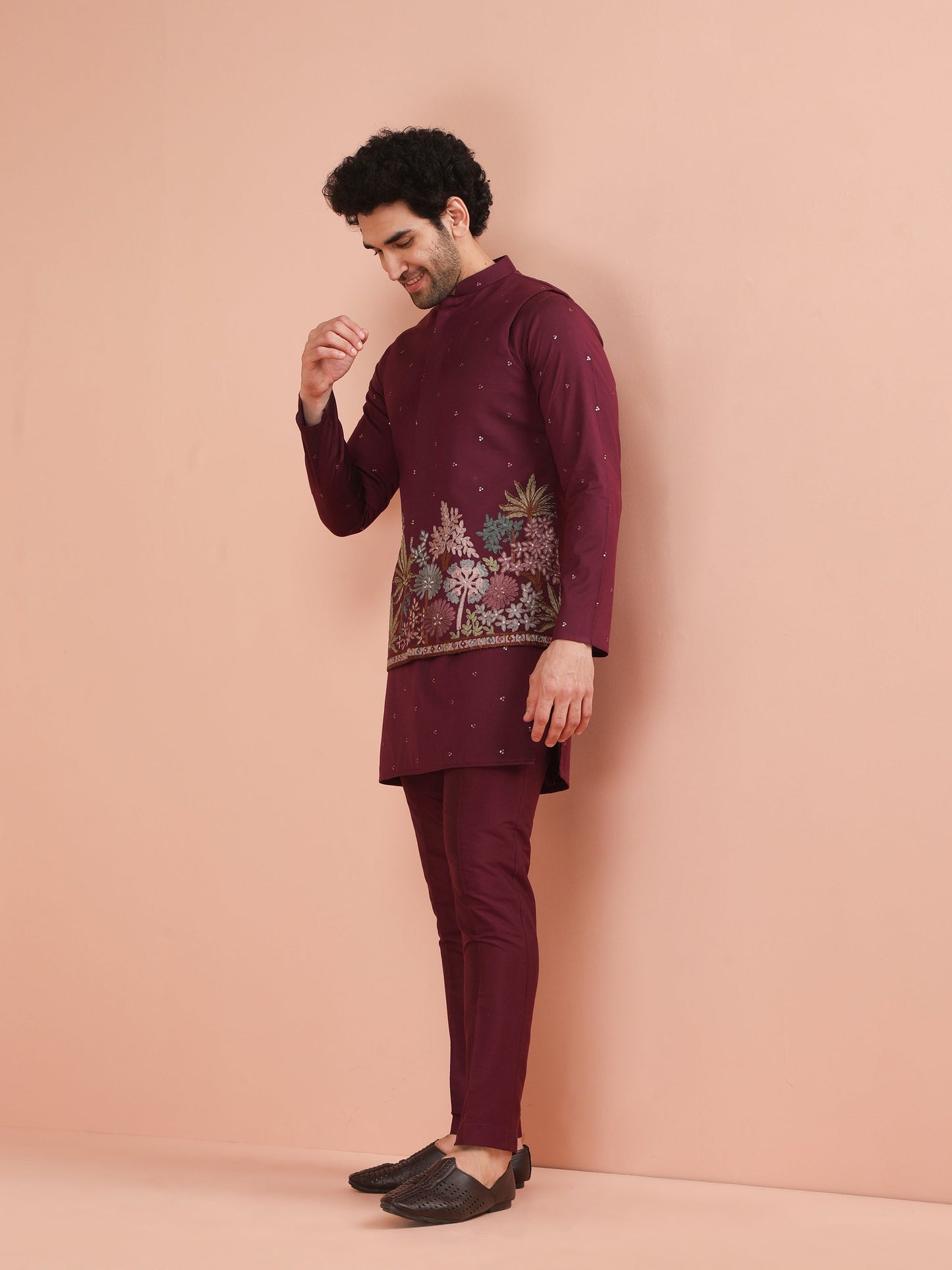 Men Wine  Embroidered Kurta Jacket Trouser Set with Floral