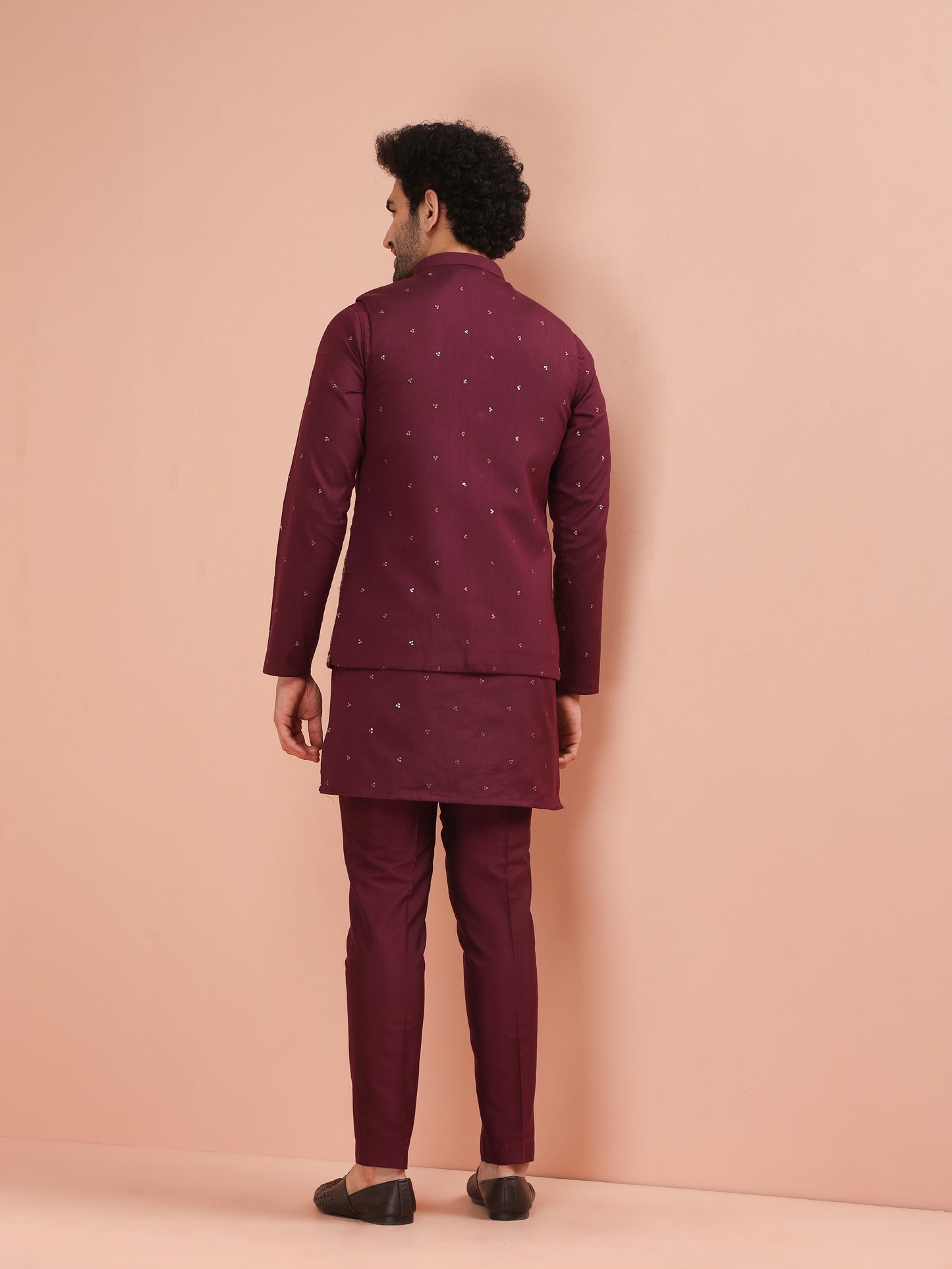 Men Wine  Embroidered Kurta Jacket Trouser Set with Floral