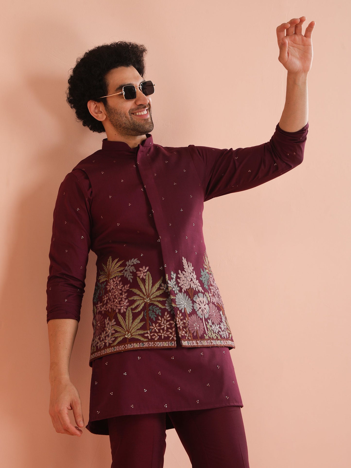 Men Wine  Embroidered Kurta Jacket Trouser Set with Floral