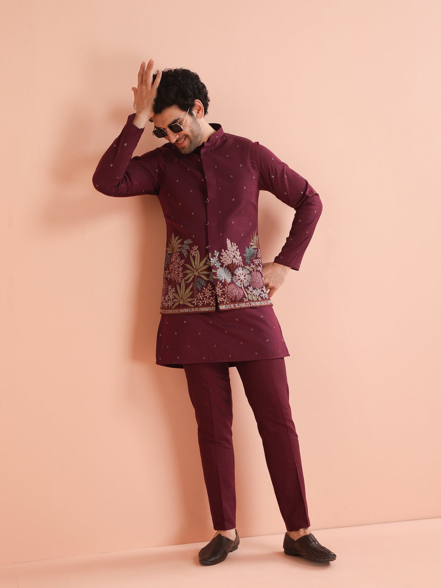 Men Wine  Embroidered Kurta Jacket Trouser Set with Floral