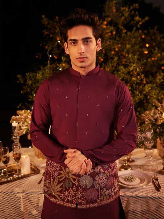 Men Wine  Embroidered Kurta Jacket Trouser Set with Floral