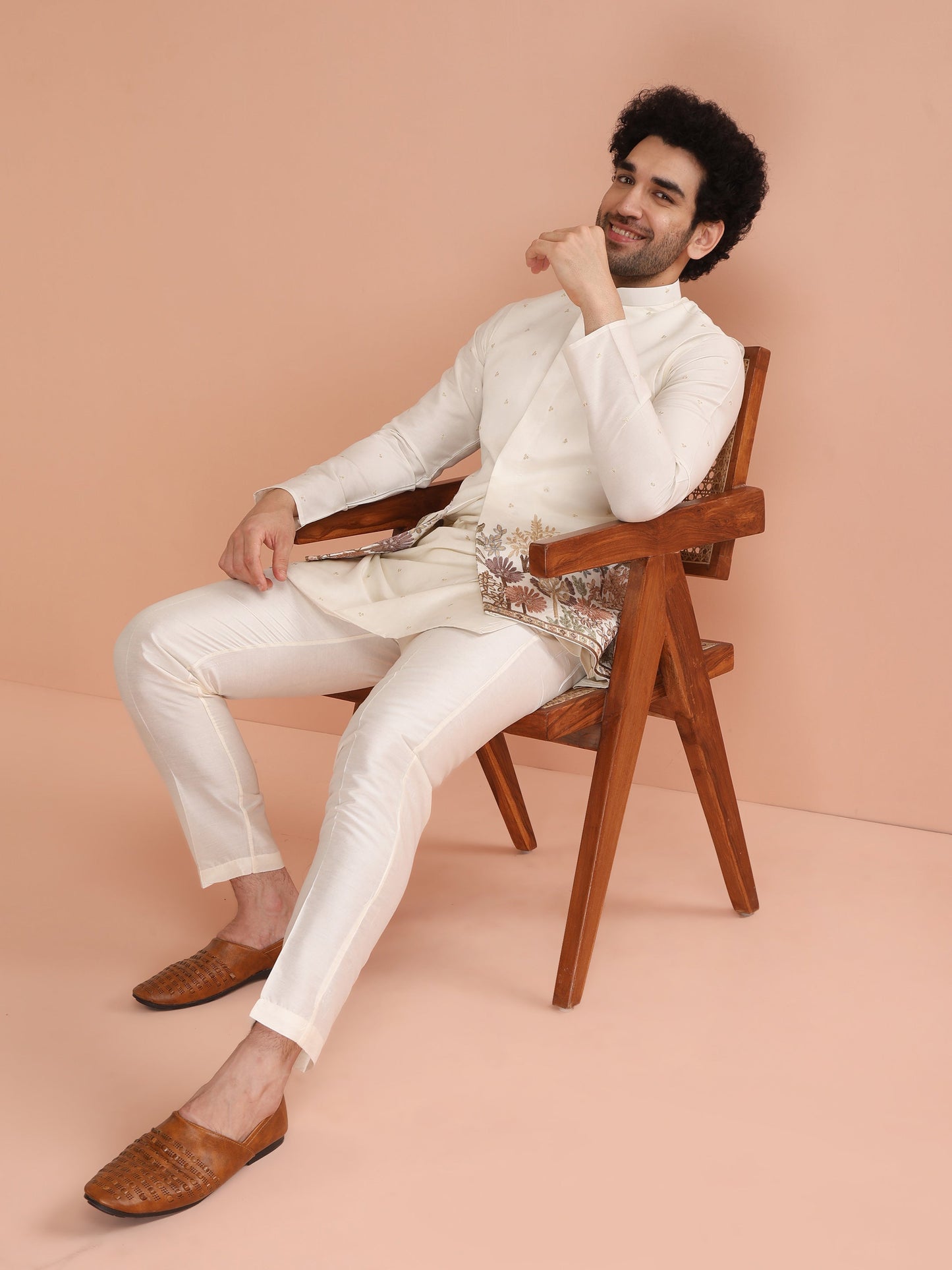 Men Off White Embroidered Kurta Jacket Trouser Set with Floral