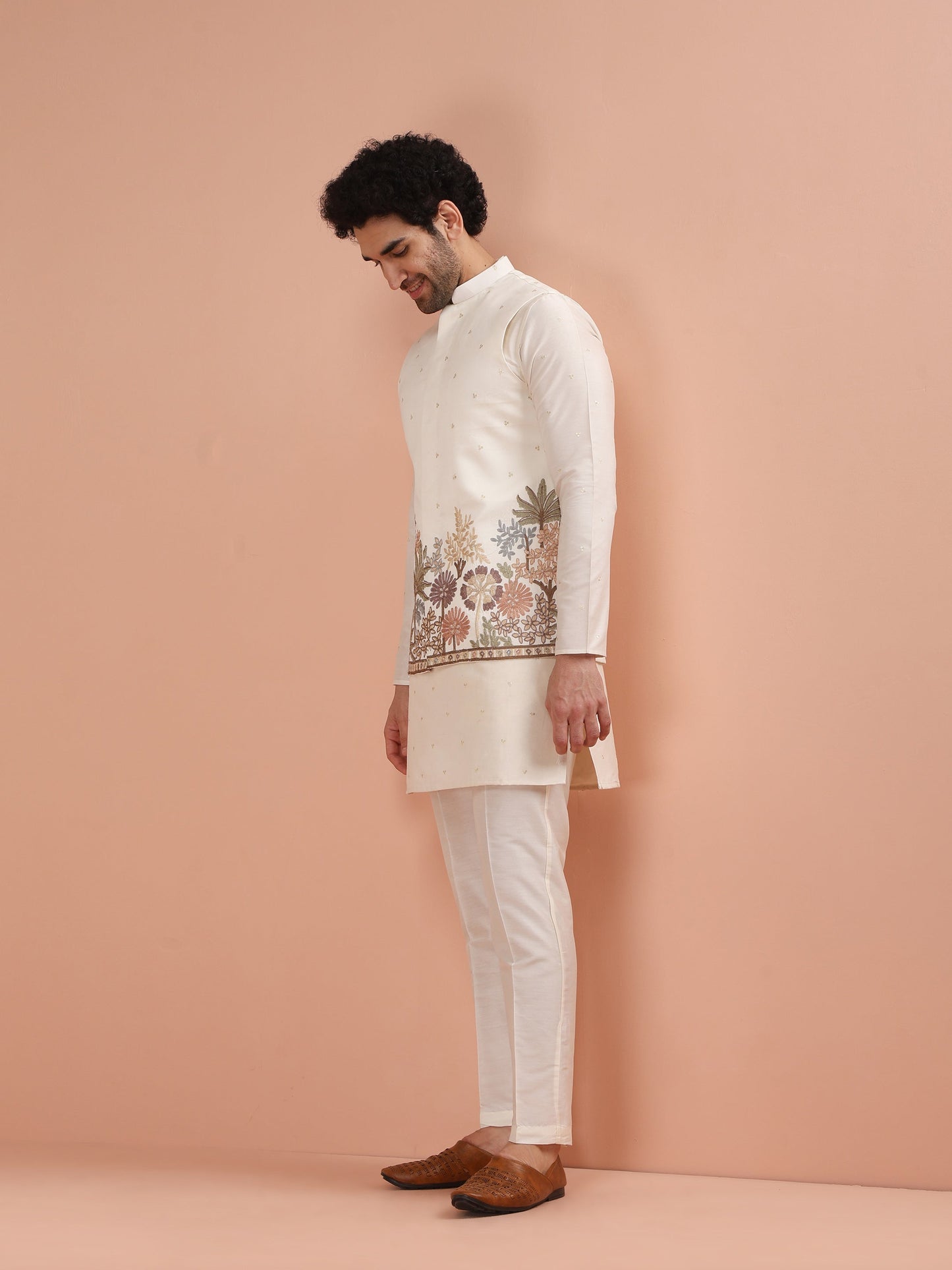 Men Off White Embroidered Kurta Jacket Trouser Set with Floral