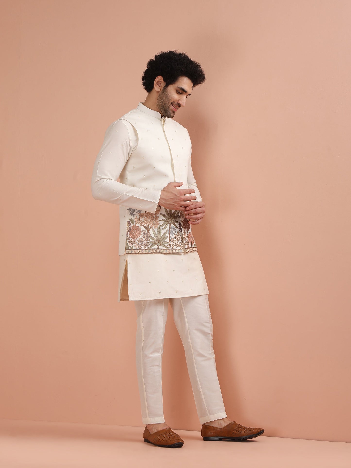 Men Off White Embroidered Kurta Jacket Trouser Set with Floral