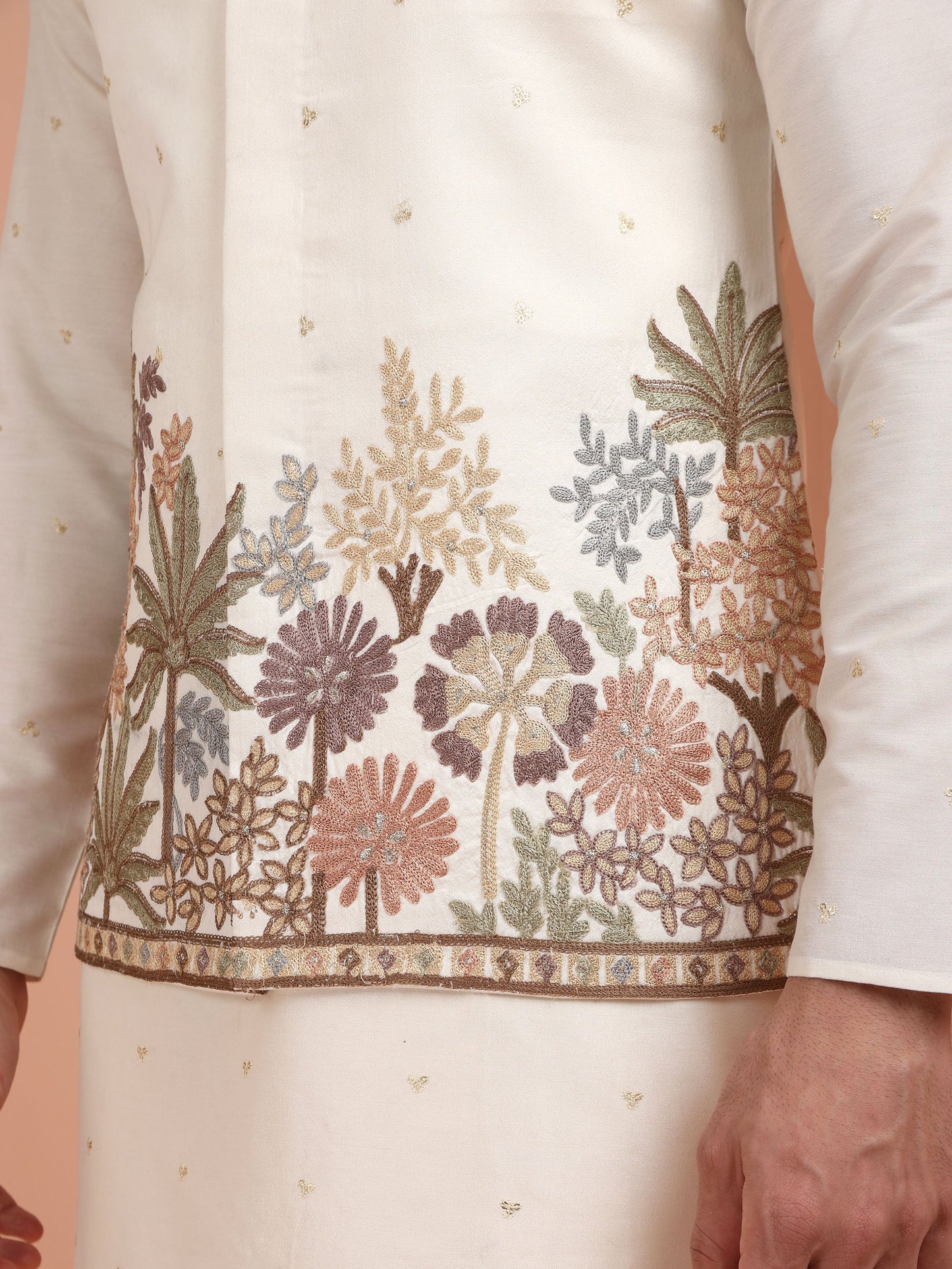 Men Off White Embroidered Kurta Jacket Trouser Set with Floral