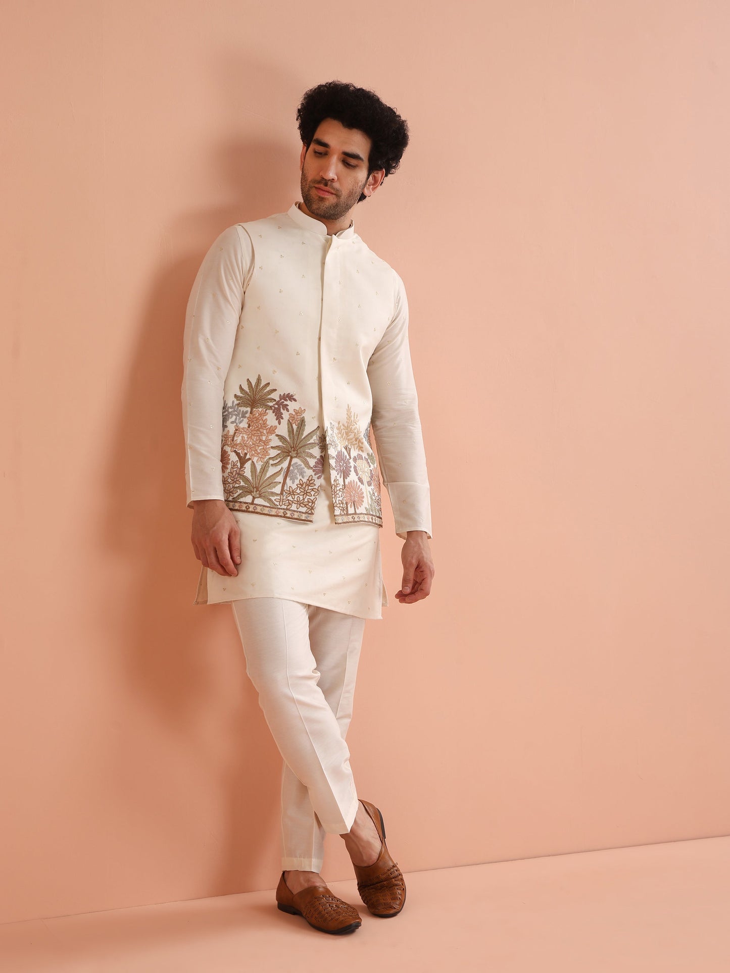 Men Off White Embroidered Kurta Jacket Trouser Set with Floral