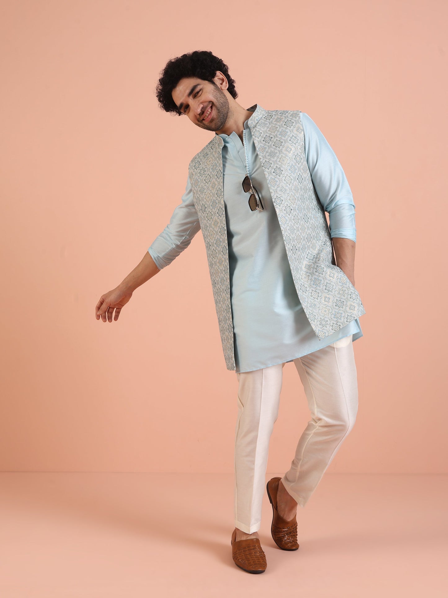 Men Blue Jacquard Kurta Jacket Trouser Set with Geometric