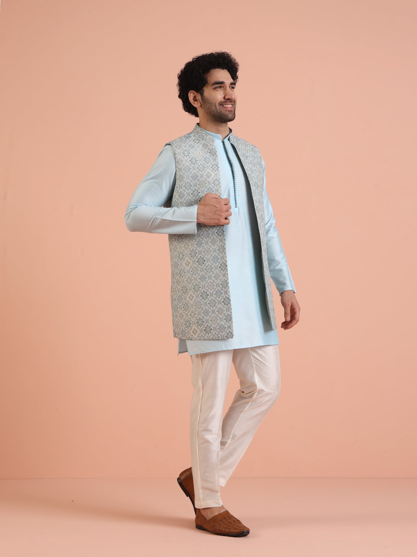 Men Blue Jacquard Kurta Jacket Trouser Set with Geometric