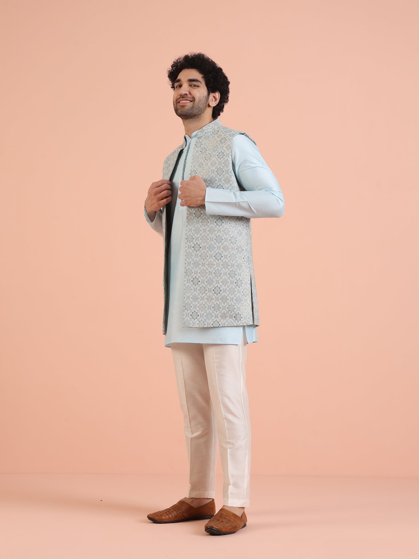 Men Blue Jacquard Kurta Jacket Trouser Set with Geometric