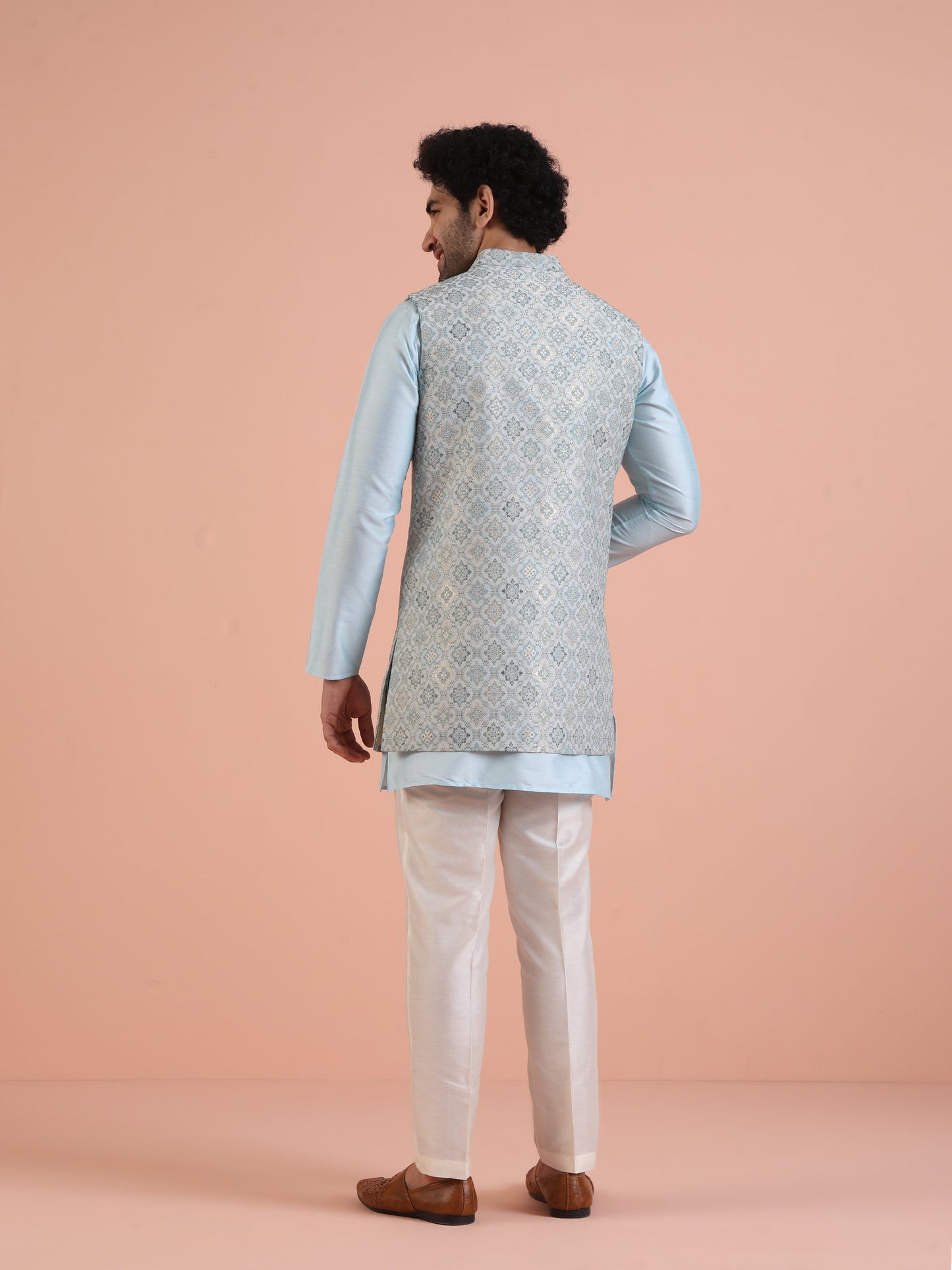 Men Blue Jacquard Kurta Jacket Trouser Set with Geometric