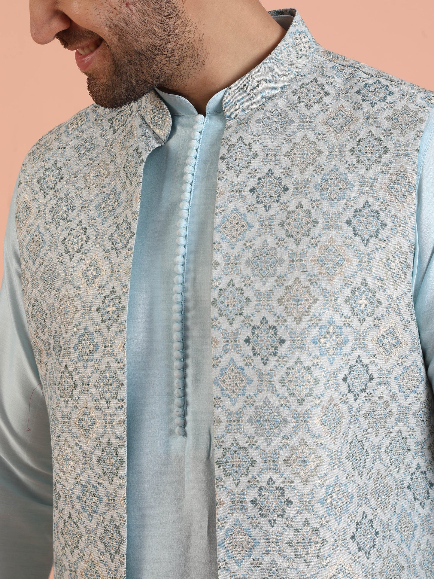 Men Blue Jacquard Kurta Jacket Trouser Set with Geometric