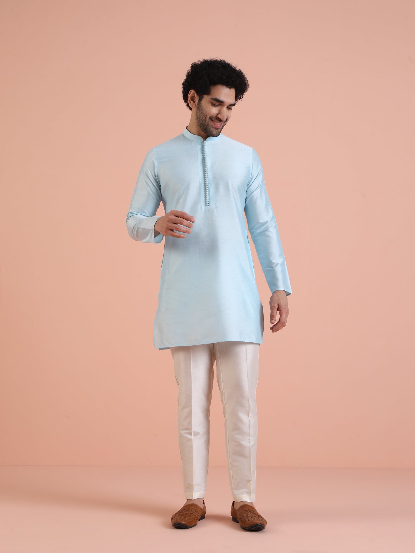 Men Blue Jacquard Kurta Jacket Trouser Set with Geometric