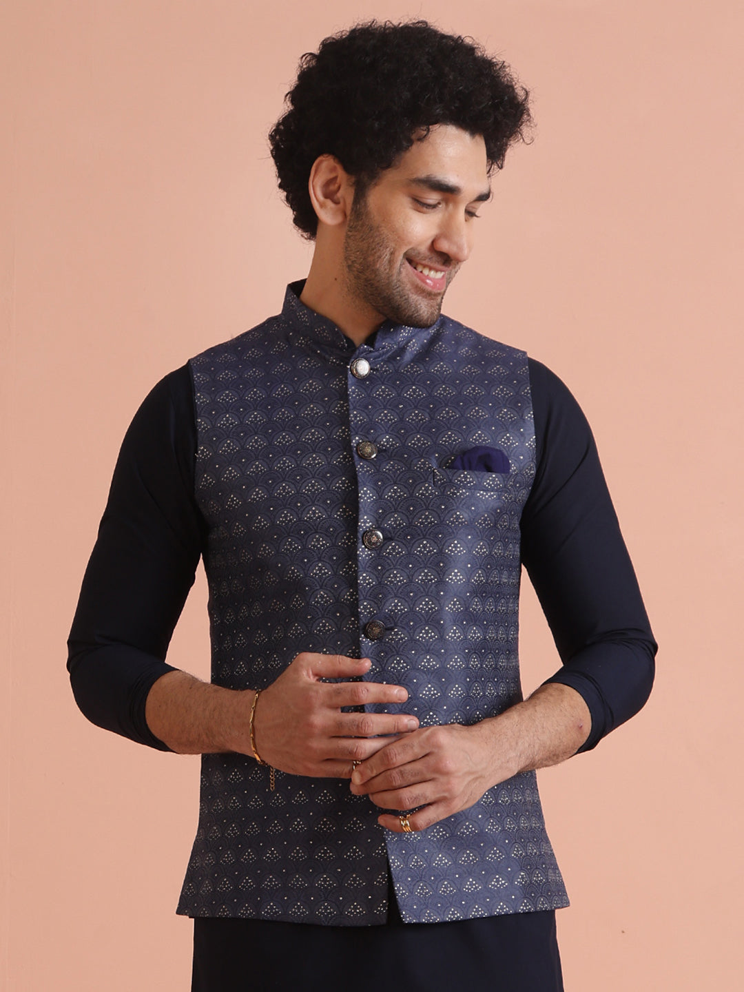 Men Blue Woven Design Ethnic Motifs Nehru Jacket