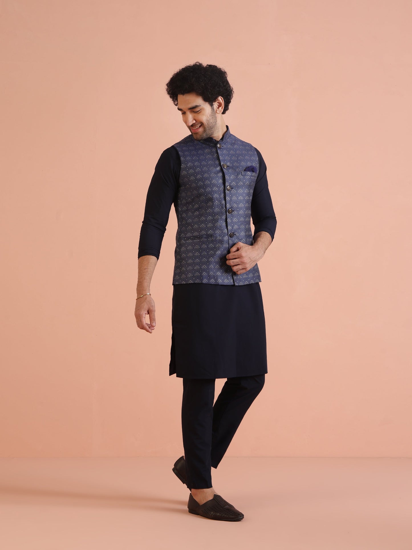 Men Blue Woven Design Ethnic Motifs Nehru Jacket