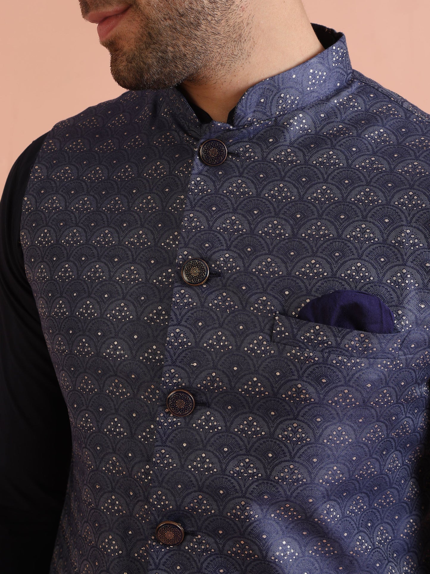 Men Blue Woven Design Ethnic Motifs Nehru Jacket