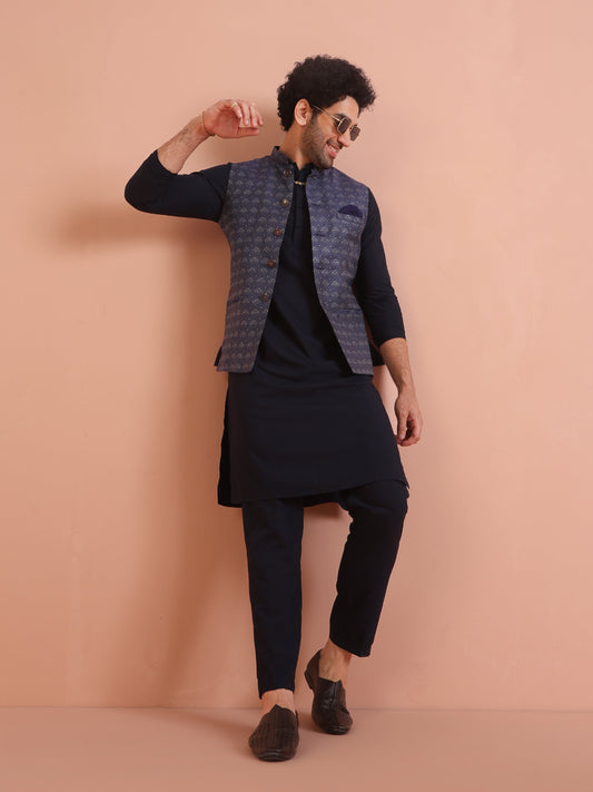 Men Blue Woven Design Ethnic Motifs Nehru Jacket