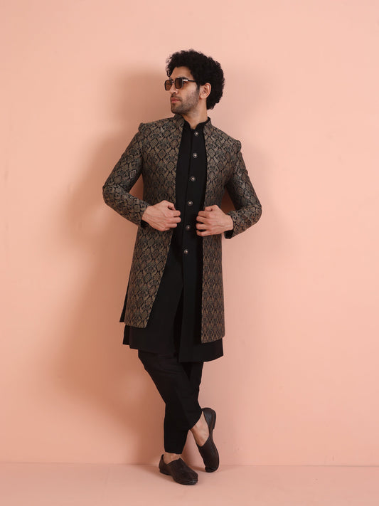 Men Green Jacquard Jacket Indowestern Trouser Set with Ethnic Motifs