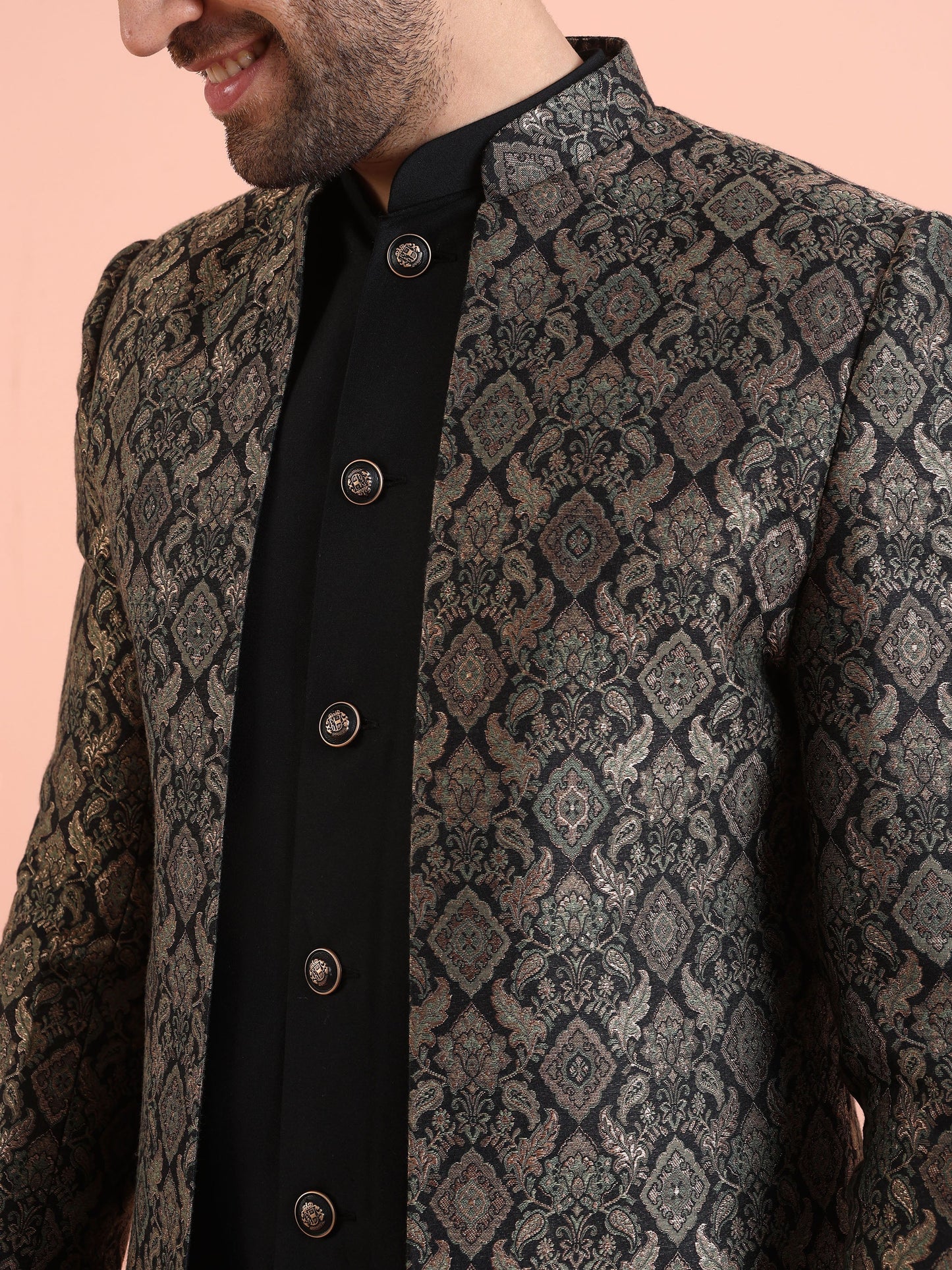 Men Green Jacquard Jacket Indowestern Trouser Set with Ethnic Motifs