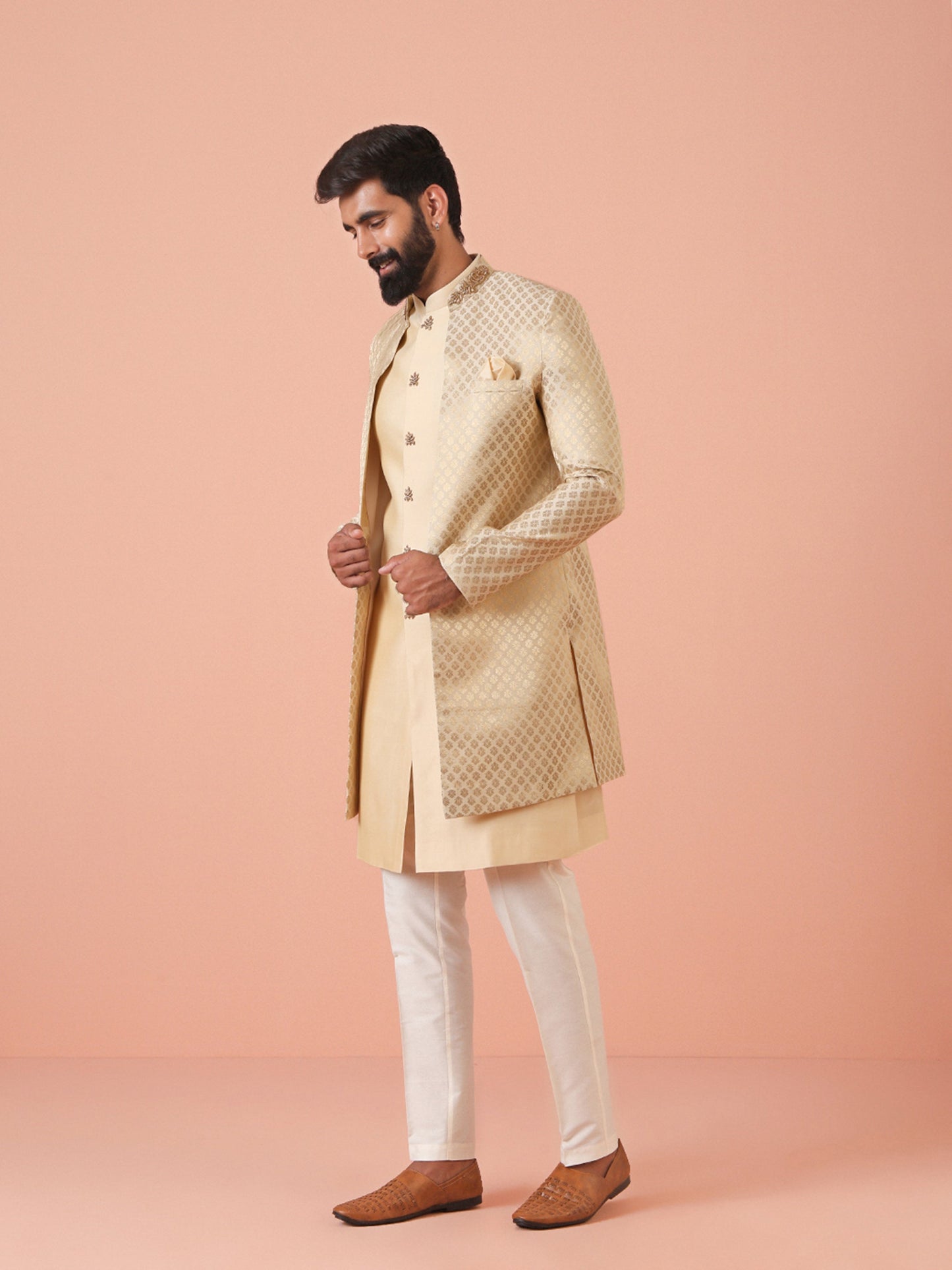 Men Cream Jacquard Jacket Indowestern Trouser Set with Ethnic Motifs