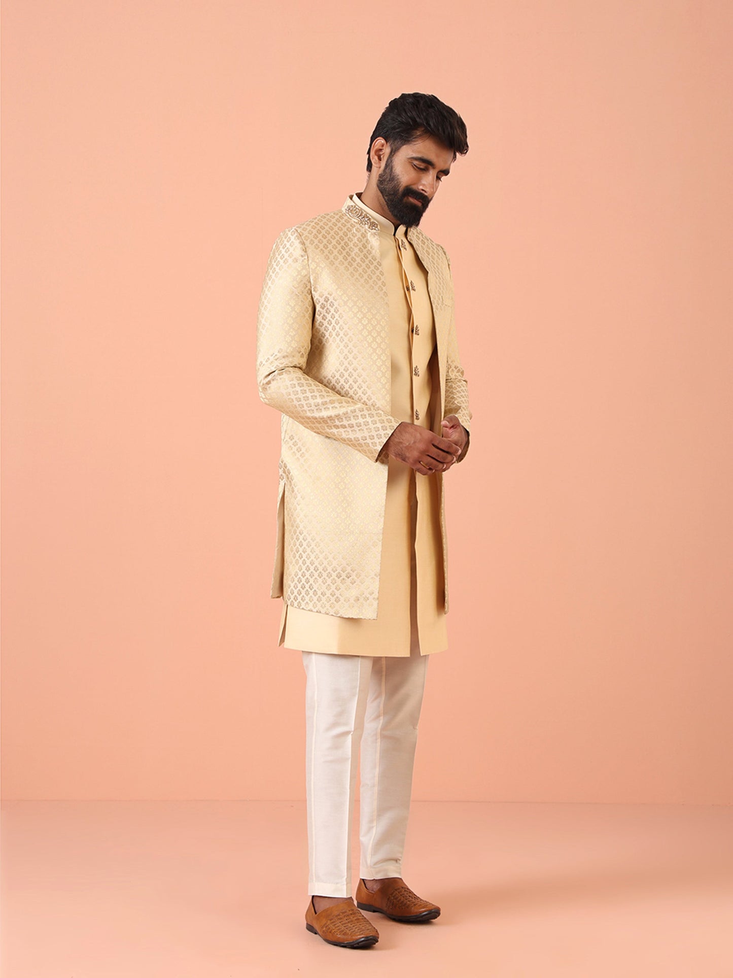 Men Cream Jacquard Jacket Indowestern Trouser Set with Ethnic Motifs