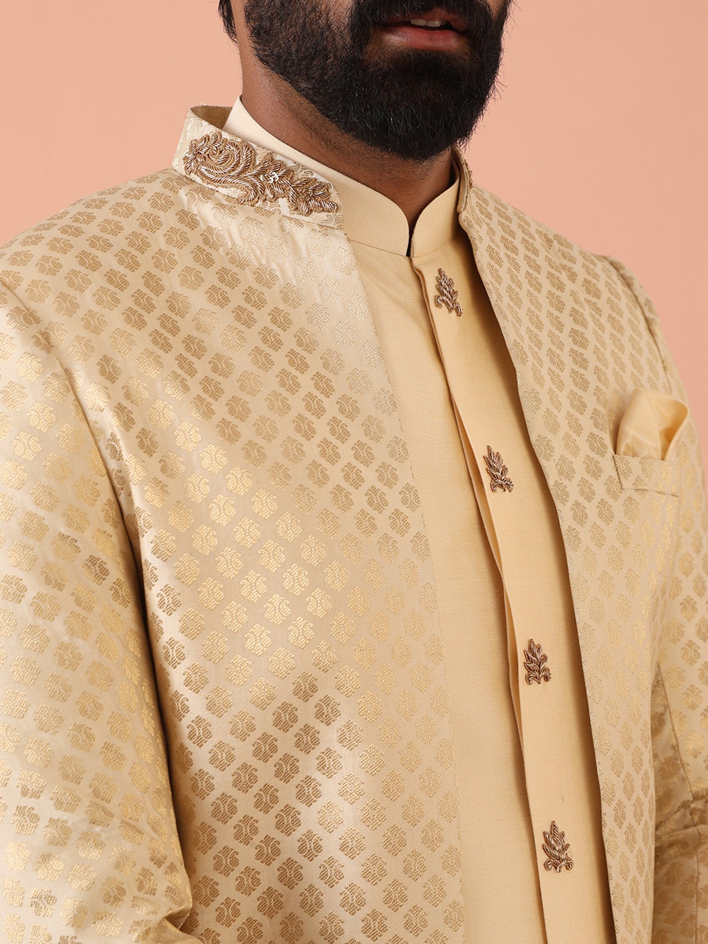 Men Cream Jacquard Jacket Indowestern Trouser Set with Ethnic Motifs