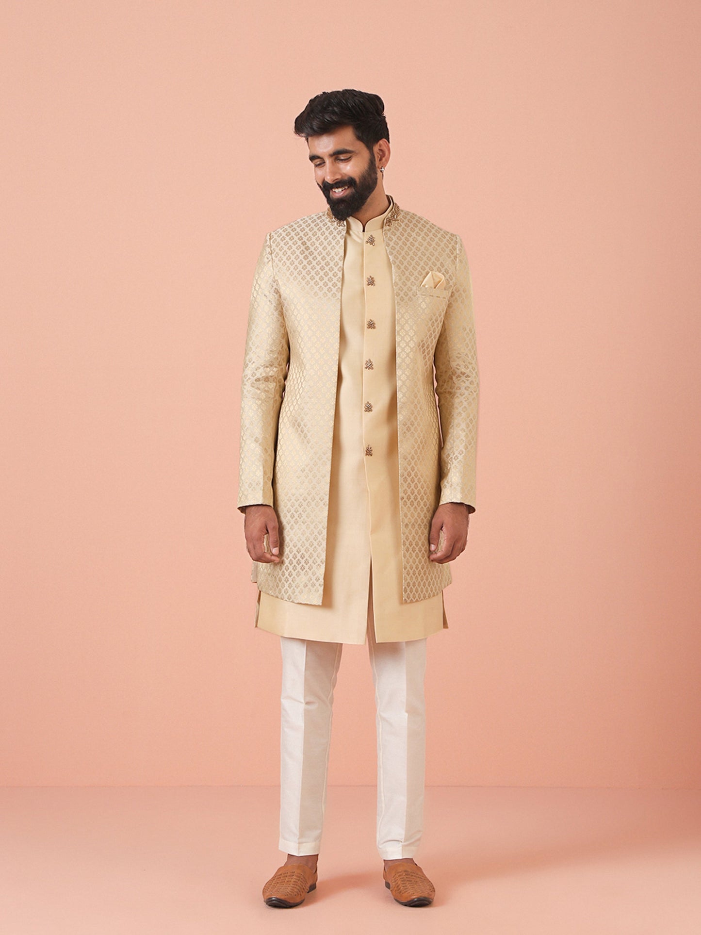 Men Cream Jacquard Jacket Indowestern Trouser Set with Ethnic Motifs